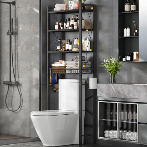 Over-The-Toilet Storage Rack, 4-Tier Bathroom Organizer Shelf Over Toilet with Adjustable Shelf and Basket, Freestanding Space Saver Bathroom Shelves Above Toilet for Room (Pure Black) - color: Pure Black