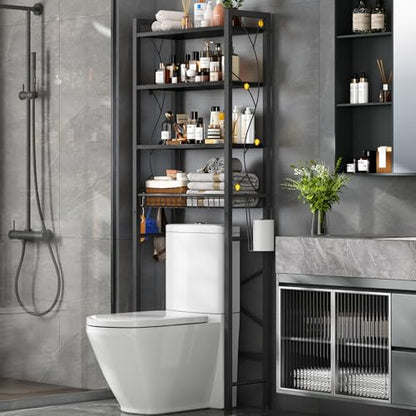 Over-The-Toilet Storage Rack, 4-Tier Bathroom Organizer Shelf Over Toilet with Adjustable Shelf and Basket, Freestanding Space Saver Bathroom Shelves Above Toilet for Room (Pure Black) - color: Pure Black