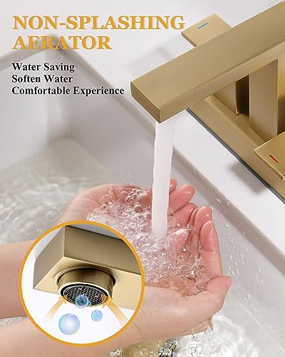 Tohlar Brushed Gold 2 Handle 4 Inch Centerset Bathroom Faucet with Pop Up Drain and 2 Lead-Free Hoses - color: Brushed Gold