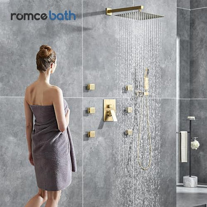 Rain Shower System With Complete 6 Pcs Body Sprays Jets And Pressured Balance Rough-in Valve,12Inch Rainfall Shower Head And Handheld, Modern Brushed Gold Wall Mount Shower Faucets Sets - color: Brushed Gold, style: Wall-Mounted 6 Jets