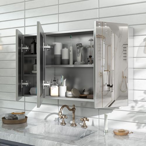40 x 24 Silver Medicine Cabinet, Aluminum Mirror Medicine Cabinet for Bathroom, Pre-Assembled Recessed/Surface-Mounted Medicine Cabinet, Tempered Frameless Mirror - color: Silver, size: 40 x 24