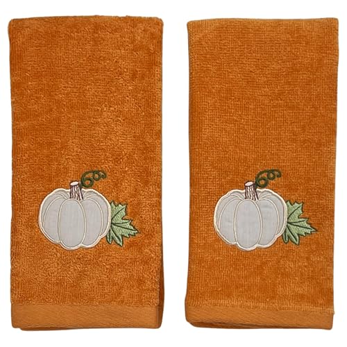 Serafina Home Fall Bathroom Tip Towels Pumpkin Leaf Design on Rust Orange Cotton–12” x 18”Set of 2 Autumn Décor for Bath and Kitchen - color: Pumpkin Leaf