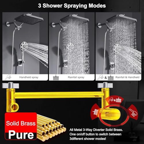 14 Inch Square Rain Shower Head Combo, 7 Settings Handheld Spray, Water Saving with Check Valve, Anti-Clog Nozzles, Tool-Free Installation for Bathroom Upgrade