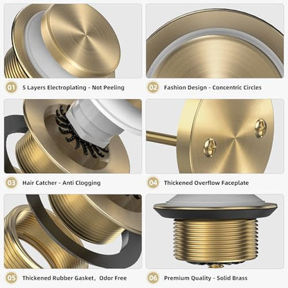 Tip-Toe Bathtub Drain Kit with Hair Catcher, Brushed Gold | 2-Hole Overflow Faceplate, Solid Brass, 5-Layer Plated, Fits 1.5"/1.75" Drains, For Bathroom Remodel, Matches Fixtures - color: Brushed Gold