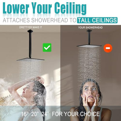 Matte Black Shower Arm with Flange and Teflon Tape for High Ceiling or Fixed Rain Showerhead, Universal Connection 16-inch Square Straight Shower Head Extender Extension Pipe, 304 Stainless Steel - color: Matte Black, style: 16inch