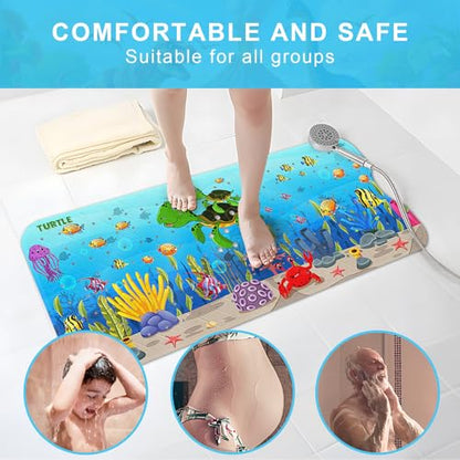 Baby Bath Mat for Tub Non Slip Kids, BPA Free Extra Long Bathtub Mat 40x16 with Drain Holes and 200 Suction Cups, Non Toxic Machine Washable Toddler Bath Mat, No Fading, Turtle - color: U-turtle 2