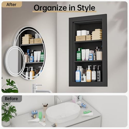 Recessed Medicine Cabinet,14x24 Recessed Wall Niche Medicine Cabinet Replacement, Water-Proof Wood Wall Niche for Bathroom/Hallway, Black - color: Black, size: 14x24
