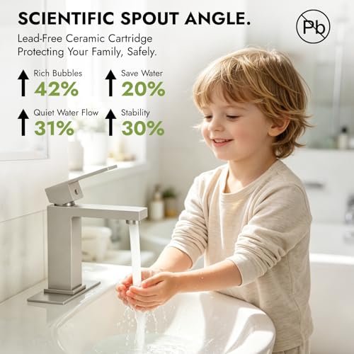 Heyalan Bathroom Sink Faucet, Single Handle Vanity Faucet, Brushed Nickel | SUS304 stainless steel, hot and cold supply hoses, 1- or 3-hole installation, 6-inch deck plate and pop-up drain - color: Brushed Nickel