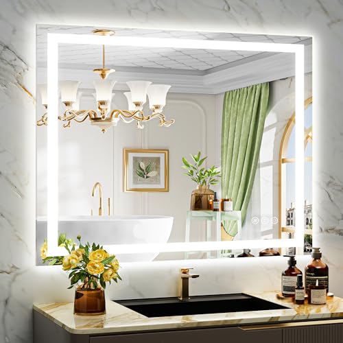 44x36 Inch LED Bathroom Mirror with Lights Front and Backlit Lighted Vanity Mirror for Bathroom Wall with 3 Colors Dimmable Anti-Fog Memory Shatter-Proof IP54 Waterproof Horizontal/Vertical - color: Backlit+front Lit, size: 44"L x 36"W