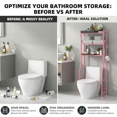 GloTika 3-Tier Over Toilet Storage, Anti-Tilt, 64" H, Pink | Anti-Tilt Safety System, 150lb Capacity, Carbon Steel, Freestanding, No Drilling, Anti-Rust Coating, Paper Holder & 4 Hooks - color: Pink, size: 3-Tier