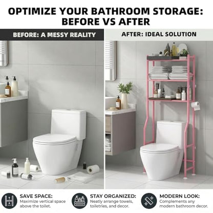 GloTika 3-Tier Over Toilet Storage, Anti-Tilt, 64" H, Pink | Anti-Tilt Safety System, 150lb Capacity, Carbon Steel, Freestanding, No Drilling, Anti-Rust Coating, Paper Holder & 4 Hooks - color: Pink, size: 3-Tier