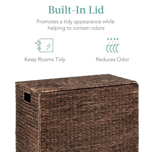 Best Choice Products Large Double Laundry Hamper with Lid, Natural Handwoven Water Hyacinth, 2 Sections w/ 2 Machine Washable Linen Liner Bags, Portable, Handles - Espresso - color: Espresso
