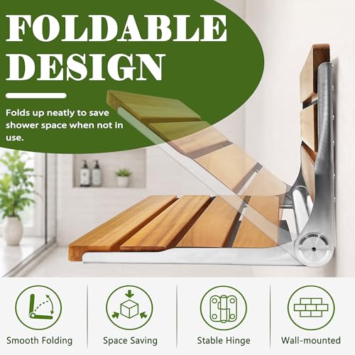 Folding Shower Seat Teak, Folding Shower Seat Wall Mounted, Foldable Shower Chair for Home Care, 450 lbs Capacity (Stainless Steel, 13'' D x 17'' W x 10'' H) - color: Stainless Steel