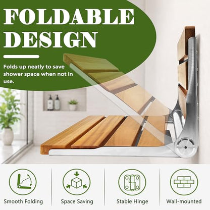 Folding Shower Seat Teak, Folding Shower Seat Wall Mounted, Foldable Shower Chair for Home Care, 450 lbs Capacity (Stainless Steel, 13'' D x 17'' W x 10'' H) - color: Stainless Steel