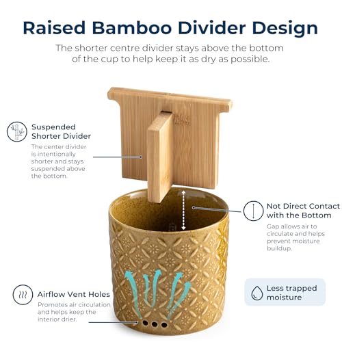 Zoeeker Toothbrush Holders for Bathroom with Drainage and Bamboo Divider | Ceramic Toothbrush and Toothpaste Holder, Detachable 3 Slots Electric Tooth Brush Cup Storage Caddy for Family, Kids, Yellow - color: A-yellow