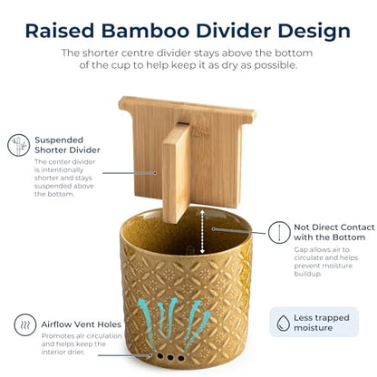 Zoeeker Toothbrush Holders for Bathroom with Drainage and Bamboo Divider | Ceramic Toothbrush and Toothpaste Holder, Detachable 3 Slots Electric Tooth Brush Cup Storage Caddy for Family, Kids, Yellow - color: A-yellow