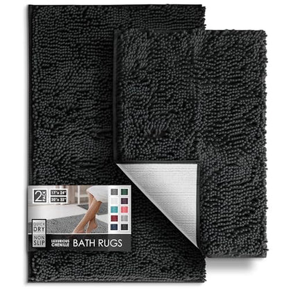 Hearth & Harbor Bathroom Rugs, Chenille Bath Mat - Machine Washable Bath Mats for Bathroom Non-Slip Backing Rubber, Quick Dry Bathroom Mat - color: Black, style: 17 x 24 + 20 x 32