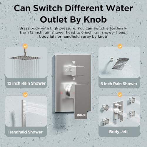 Rainfall Shower System with 4 Body Spray Jets, STARBATH 4 Way 12 + 6"Rainfall Shower Head with Handheld Combo, Shower Jets System High Pressure Shower Faucet Set, Brushed Nickel - color: Brushed Nickel, size: 6"+12"-03