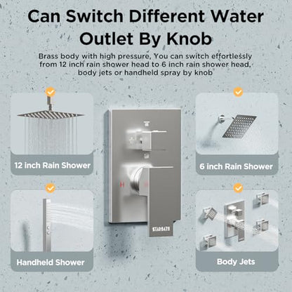 Rainfall Shower System with 4 Body Spray Jets, STARBATH 4 Way 12 + 6"Rainfall Shower Head with Handheld Combo, Shower Jets System High Pressure Shower Faucet Set, Brushed Nickel - color: Brushed Nickel, size: 6"+12"-03