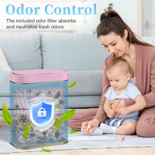 Ogikey Bathroom Small Trash Can with Automatic Touchless Lid, 2.6 Gallon Smart Garbage Can Narrow Waterproof Trash Bin for Bedroom, Office, Living Room - color: 2.6 gallon-Gold Pink