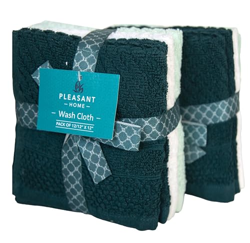 PH Pleasant Home Diagonal Wash Cloths Set - 12 Pack (12” x 12”) – 509 GSM - 100% Ring Spun Cotton Wash Cloth - Super Soft and Highly Absorbent Face Towels (Green, White & Mint) - color: Green, White & Mint, style: Diagonal