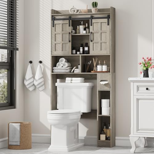 Halitaa Over The Toilet Storage Cabinet with Sliding Doors,Wash Grey | Farmhouse Storage Cabinet Over Toilet, Home Space-Saving Toilet Rack, for Restroom, Bathroom, Laundry. - color: Wash Grey, style: Sliding Doors