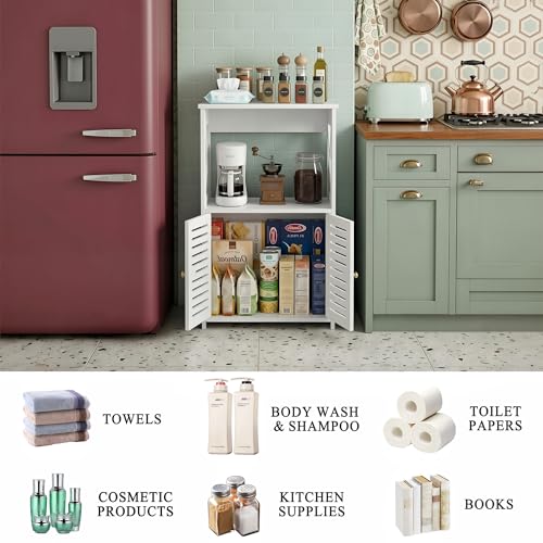 BYFU 3-Tier Bathroom Floor Cabinet with Door and Shelf, 14.2" W x 24.4" H | White Small Storage, Freestanding Organizer, for Living Room, Hallway, Kitchen, Easy Assembly