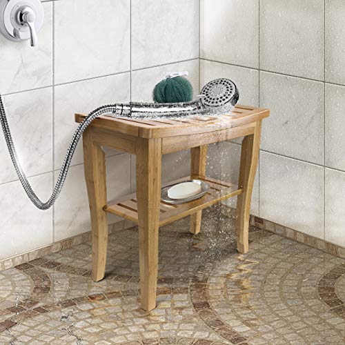 Sorbus Bamboo Shower Bench Stool with Shelf — 2-Tier Wood Storage & Seating for Bathroom, Shower Bench Chair, Bath Stool, Spa Sauna Seat