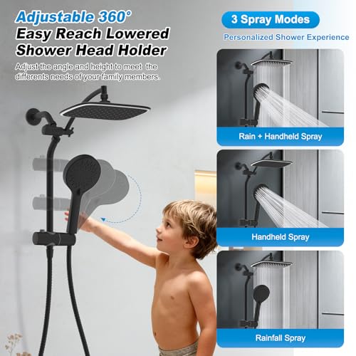 10" Black Rain Shower Head with Handheld, High Pressure Boosting Rainfall Showerhead with All Metal Adjustable Extension Arm, Easy Reach Shower Holder, 5 Spray Modes with Power Wash, Easy to Install - color: Matte Black
