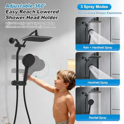 10" Black Rain Shower Head with Handheld, High Pressure Boosting Rainfall Showerhead with All Metal Adjustable Extension Arm, Easy Reach Shower Holder, 5 Spray Modes with Power Wash, Easy to Install - color: Matte Black