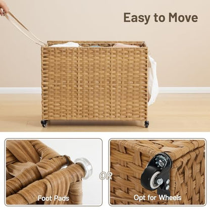 Laundry Hamper with Wheels, 60.72 Gallon(230L) Rolling Laundry Basket with Lid, Removable Large 3 Color Liners & 3 Mesh Laundry Bags, Clothes Hamper with Side Pocket, Natural - color: Natural, size: 35.43"L x 15.75"W x 25.6"H