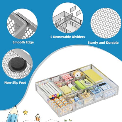 Marbrasse Expandable Desk Drawer Organizer, Mesh Tray with 10 Adjustable Compartments, Desk Organizers for Office Supplies, Makeup & Vanity (Expandable-Silver) - color: Expandable-Silver