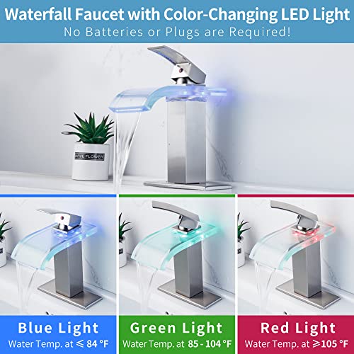 LED Bathroom Faucet, Brushed Nickel Waterfall Bathroom Sink Faucet, 1 Hole, 4 Inch Centerset, Color-Changing LED Lights - color: Brushed Nickel