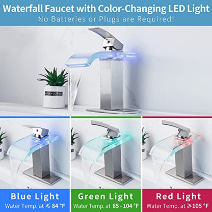 LED Bathroom Faucet, Brushed Nickel Waterfall Bathroom Sink Faucet, 1 Hole, 4 Inch Centerset, Color-Changing LED Lights - color: Brushed Nickel