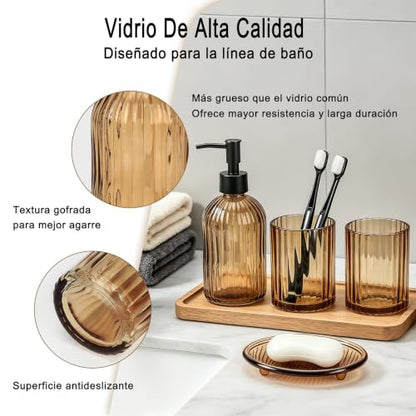 4Pcs Glass Bathroom Accessories Set, Amber Bathroom Set Glass Bathroom Decor Set with Complete Lotion Soap Dispenser, Toothbrush Holder, Mouthwash Cup, Soap Dish for Home Apartment
