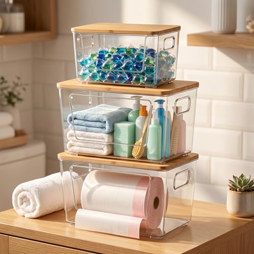 spospo 3 Pack Trash Bag Holder with Bamboo Lid Stackable Trashbag Dispenser | Extra Large Garbage Bag Holder for Kitchen Laundry Room Under Sink Organization and Storage - size: 3 Pack