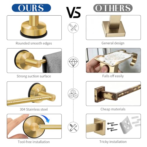 Adjustable Suction Cup Towel Bar for Bathroom Wall, 14.6–24 Inches Brushed Gold Towel Bar, Stainless Steel Towel Racks for Bathroom, Bath Towel Holder for Shower (Brushed Gold) - color: Brushed Gold, 1-pack