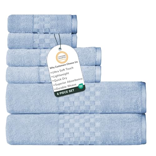 Feather & Stitch 100% Cotton 625 GSM Bath Towel Set of 6, Ultra Soft Highly Absorbent 2 Bath Towels, 2 Hand Towels & 2 Washcloth - Luxury Quick Dry Shower Towels (Sky Blue) - color: Sky Blue