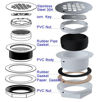 (1 Pack) Yariwiz 2" No-Caulk Snap-in Round Floor Shower Drain for Shower Pan with 4-1/4" Stainless Steel Round Grid Cover