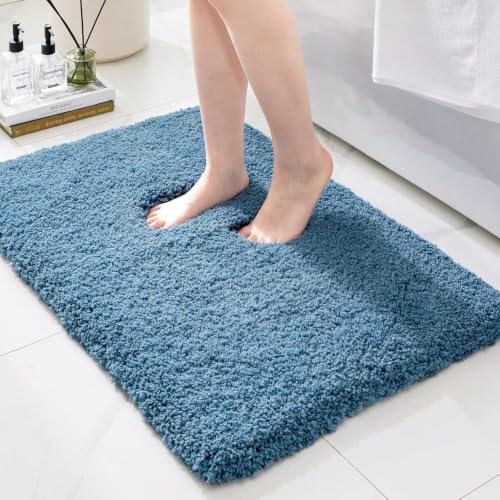 Bathroom Rugs Non Slip Washable, Ultra Thick Soft Microfiber Absorbent Bath Mats, High Density Foam Latex Non Slip Backing Bath Rugs, Fluffy Floor Carpet for Tub&Shower 24x17, Blue - color: Blue, size: 24" X 17"(Small Bathroom Rug)