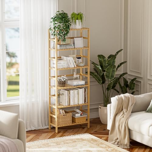 HITNET Bamboo Shelf, 6-Tier Adjustable Tall Open Bookcase, Bathroom Storage Rack Freestanding Shelving Unit, Plant Display Stand for Small Space, Natural - color: Natural