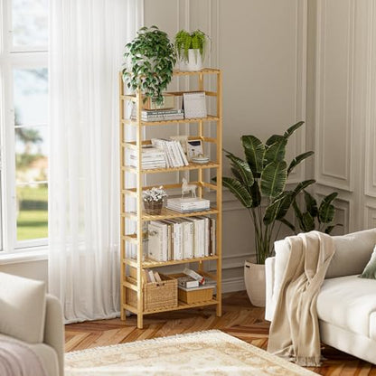 HITNET Bamboo Shelf, 6-Tier Adjustable Tall Open Bookcase, Bathroom Storage Rack Freestanding Shelving Unit, Plant Display Stand for Small Space, Natural - color: Natural