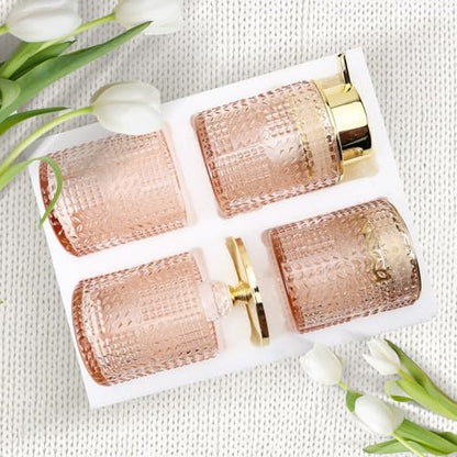 DASITON Bathroom Accessories Set,4Pcs Glass Bathroom Counter Set with Foaming Soap Dispenser,Toothbrush Holder,Bathroom Tumbler,Cotton Swab Jars, for Vanity Bathroom Decor (Pink) D1102 - style: Pink