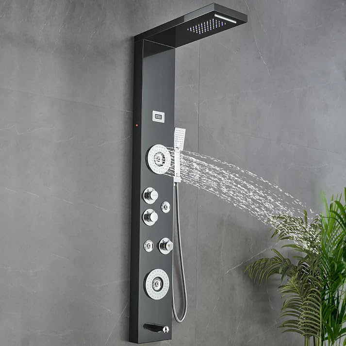 55 in. 6-Jet Stainless Steel Matte Black Shower Panel System w/Fixed LED Rainfall & Waterfall Showerhead, Temp Display, Tub Spout & Handheld Luxury Wall Mount Bathroom Tower
