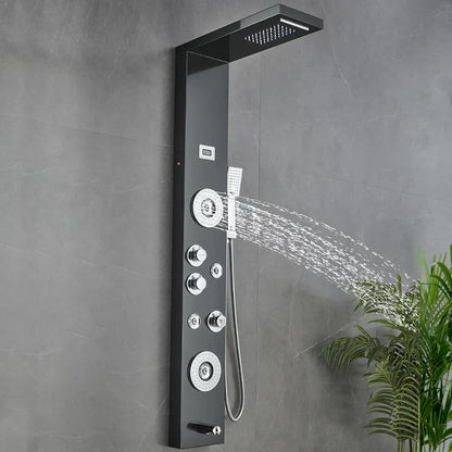 55 in. 6-Jet Stainless Steel Matte Black Shower Panel System w/Fixed LED Rainfall & Waterfall Showerhead, Temp Display, Tub Spout & Handheld Luxury Wall Mount Bathroom Tower