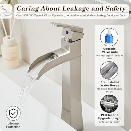 Brushed Nickel Bathroom Vessel Sink Faucet, 12 Inch Brass Waterfall Tall Bathroom Faucet 1 Hole with Drain, Single Handle for Countertop Vanity Modern Retro Farmhouse Bowl Sink, 5 Mins Install - color: Brushed Nickel - Modern