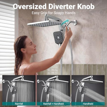 12" XXL Rainfall Shower Head with Handheld Combo, Chrome Polished | High Pressure, Magnetic Docking, Air-Infusion Tech, Anti-Leak One-Piece Design, Dual Square Showerhead - color: Chrome Polished