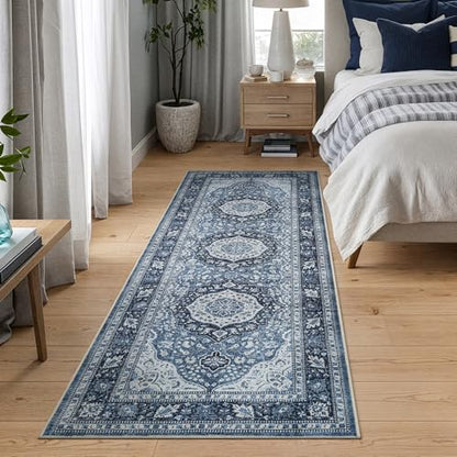 Bloom Rugs Caria Washable Non-Slip 10 ft Runner - Blue Traditional Runner for Entryway, Hallway, Bathroom, and Kitchen - Exact Size: 2'6" x 10' - color: Blue, size: 2'6" x 10' (Runner)