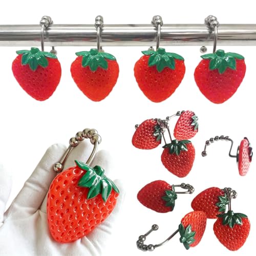 Strawberry Shower Curtain Hooks Rings Set of 12 for Shower Rod | Rustproof Metal S Shower Hook with Resin Strawberry Decorative Curtain Hooks, Cute Fashion Fruit Theme Kids Bathroom Decor