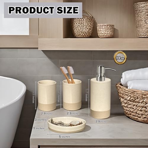 Bathroom Accessories Set 4, Beige Soap Dispenser for Bathroom, Toothbrush Holder,Tumbler Cup and Soap Dish, New Apartment Essentials, Modern Beige Bathroom Décor (Rustic) - style: Rustic